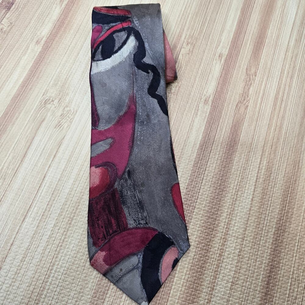 Vintage Bugatti Multicolor 100% Italian Silk Abstract Face Art Design Necktie